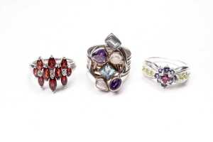 Three gemstone rings in sterling silver