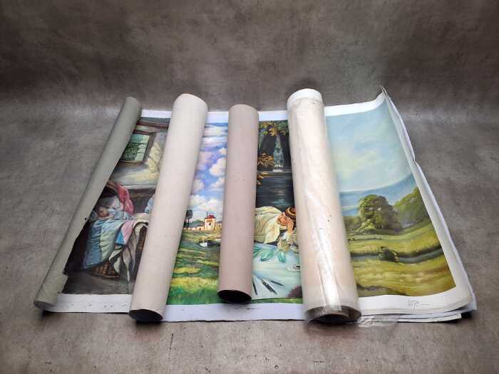 Four unstretched paintings on canvas by various artists