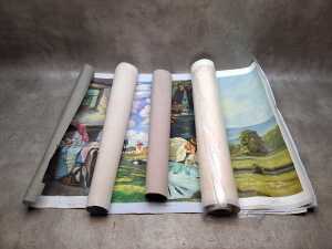 Four unstretched paintings on canvas by various artists