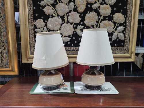 Pair of mid-century cream and copper lustre table lamps