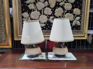 Pair of mid-century cream and copper lustre table lamps