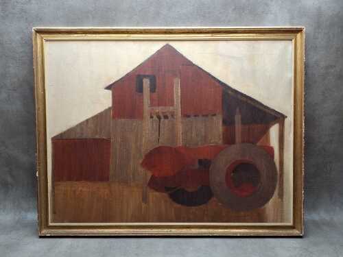 Cumming (artist unknown), (Farmyard with tractor and barn) 1971, acrylic painting on board