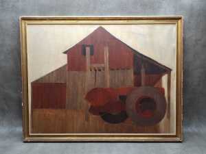 Cumming (artist unknown), (Farmyard with tractor and barn) 1971, acrylic painting on board