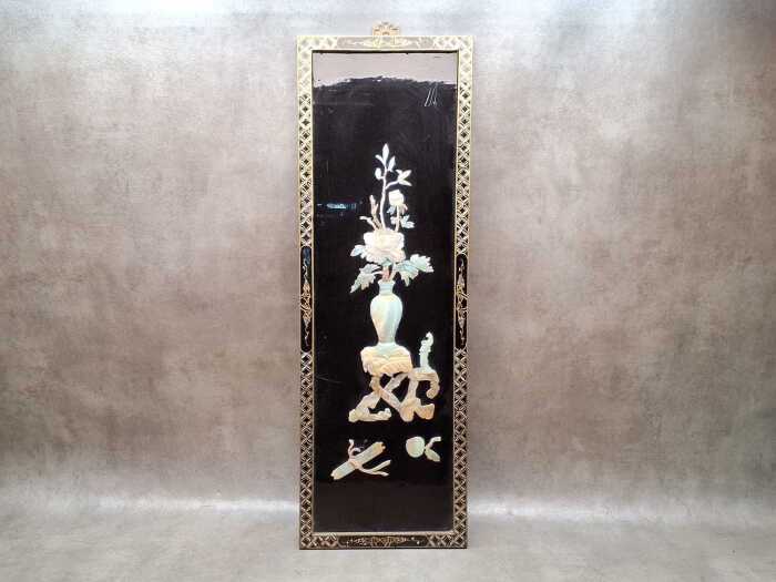Chinese mother-of-pearl and lacquered timber panel with floral decoration