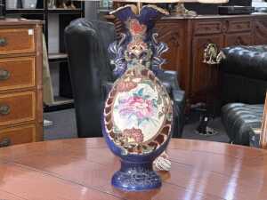 Antique ceramic lamped vase with hand-painted floral design - 2