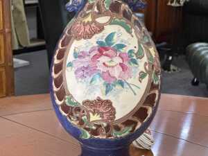 Antique ceramic lamped vase with hand-painted floral design - 3
