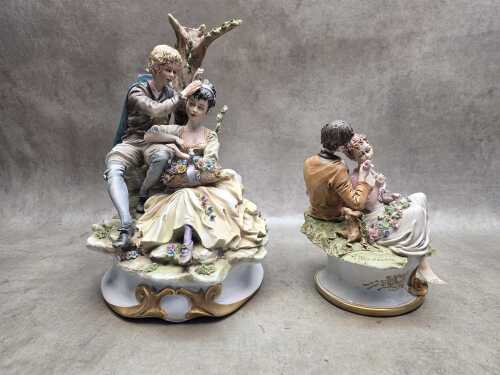 Two Capodimonte porcelain figural groups of young lovers.