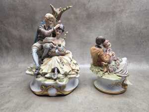 Two Capodimonte porcelain figural groups of young lovers.