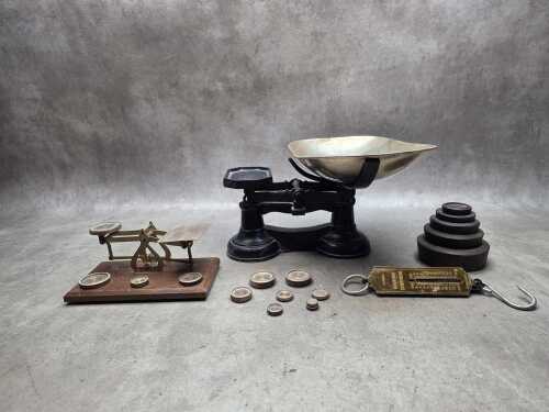 Three sets of vintage scales with assorted weights
