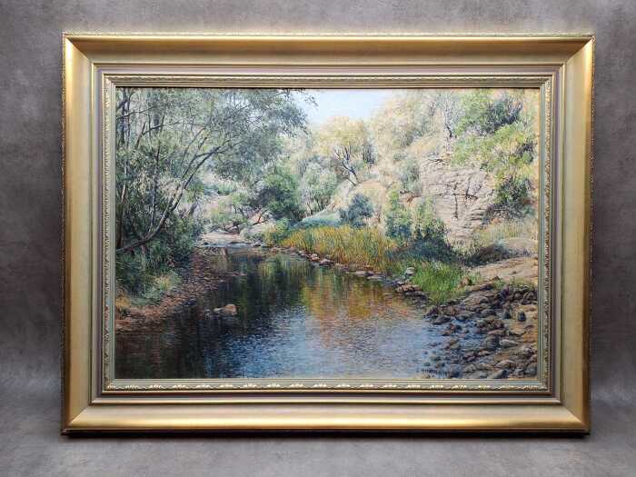 Geoff Howden (artist unknown), (Australian landscape with stream) 1990, acrylic painting on board