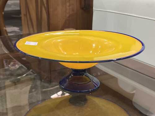Art glass centerpiece bowl in vibrant yellow and cobalt blue