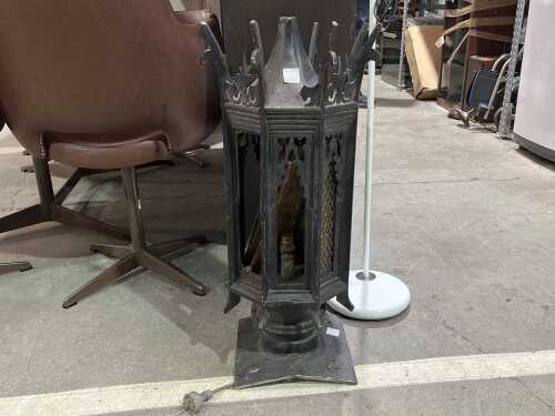 Vintage Neo-Gothic cast metal garden lamp with amber glass panes