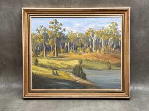 Hassam, Waroona Dam, Western Australia, 1975. Oil painting on board