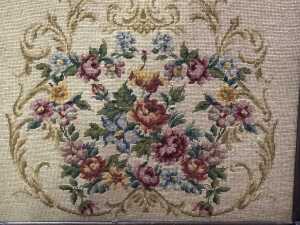 Antique floral tapestry fireplace screen in timber frame - 2