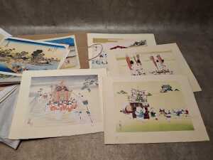 Assorted unframed Asian artworks, mostly Japanese woodblock prints - 6