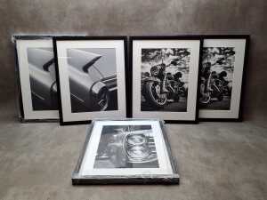 Five framed automobile-themed black-and-white prints