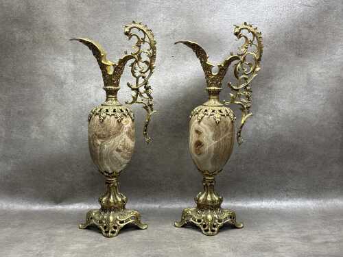 Pair of vintage brass mounted decorative onyx ewers