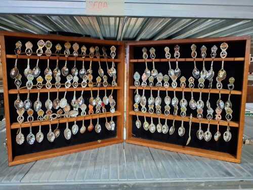 Collection of souvenir spoons in timber canteen