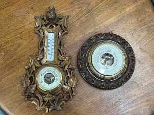 Timber Barometer Two antique carved timber barometers