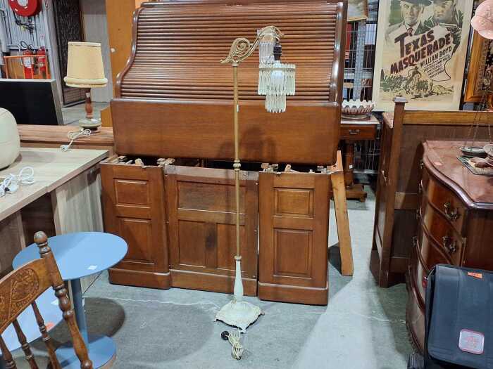 Antique cast iron floor lamp with celluloid pendalogues