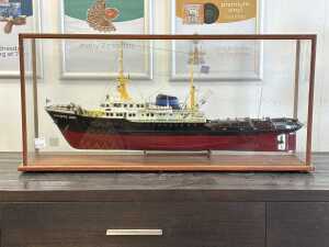 Handmade timber model ship of the Zwarte Zee in glass display case.