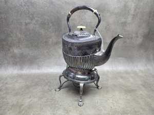 Antique spirit kettle with gadrooned and incised floral design