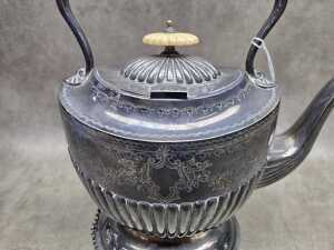 Antique spirit kettle with gadrooned and incised floral design - 5