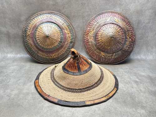 A Fulani woven hat from Mali plus two other traditional Asian hats
