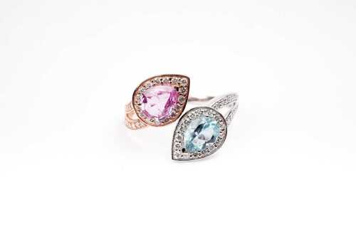 An aquamarine, pink sapphire and diamond ring in 14ct carat white and rose gold