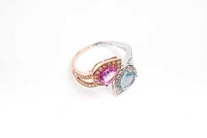 An aquamarine, pink sapphire and diamond ring in 14ct carat white and rose gold - 2