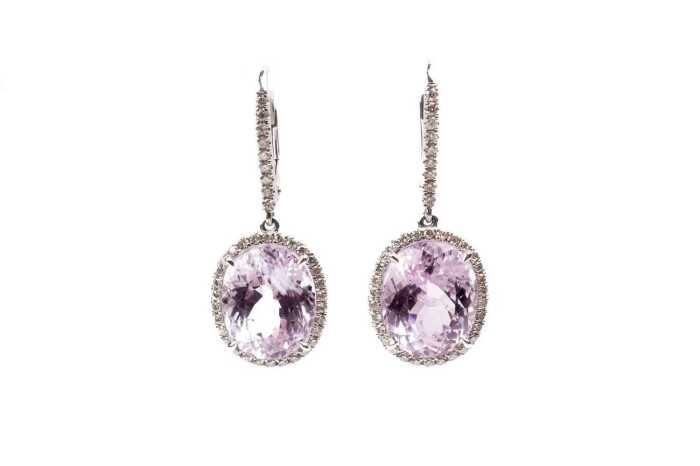 A pair of kunzite and diamond earrings in 14 carat white gold