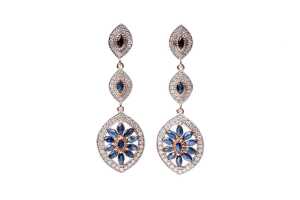 A pair of sapphire and diamond earrings in 14 carat rose gold