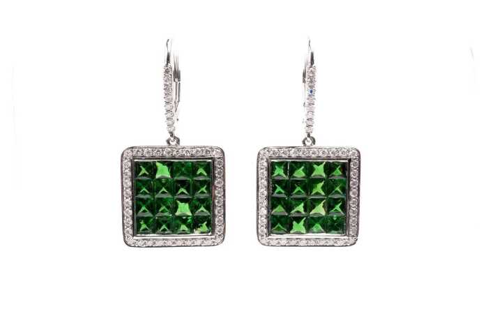 A pair of tsavorite garnet and diamond earrings in 18ct white gold