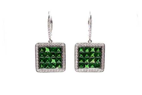 A pair of tsavorite garnet and diamond earrings in 18ct white gold