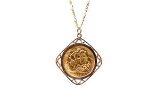 A 22 carat 1916 full sovereign with 9 carat frame and necklace