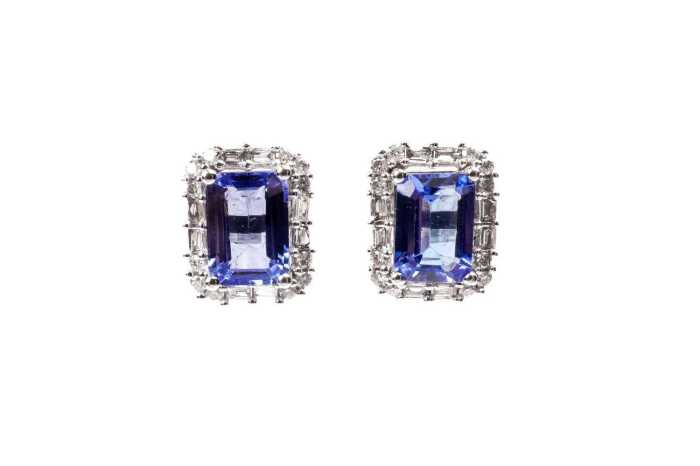 A pair of tanzanite and diamond earrings in 18 carat white gold