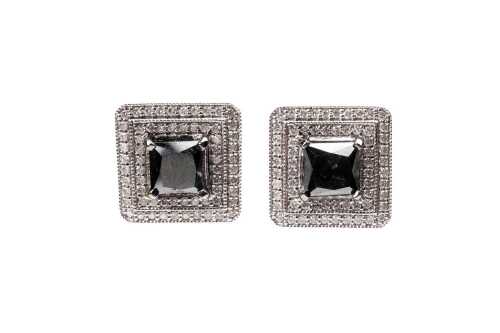 A pair of black and white diamond earrings in 14 carat white gold