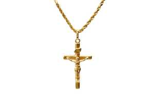 A crucifix in 18ct on a rope link necklace in 22ct yellow gold
