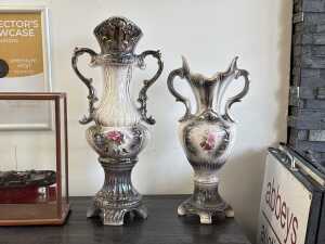 Pair of urn-shaped ceramic lustre-glazed vases