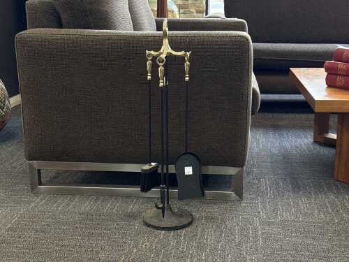 Vintage metal fireplace tool set with brass finial