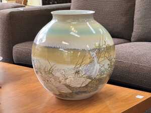Oriental hand-painted ceramic vase with a duck design