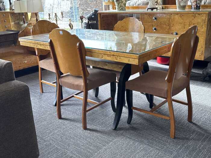 Art Deco burr maple five-piece dining suite