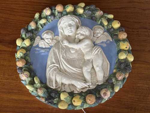 Vintage Italian majolica ceramic wall plaque of the Madonna with the Holy Child and angels