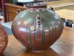Two pieces of studio pottery including a tri-handled pot with drip glaze - 2
