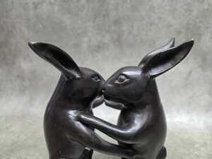Brass Dancing Rabbits with bronze patina - 3