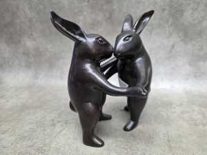 Brass Dancing Rabbits with bronze patina - 4
