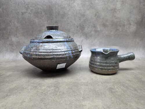 Gus McLaren speckled blue and brown lidded vessel and creamer