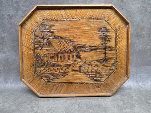 Vintage Australian hand-crafted tray with applied matchstick decoration