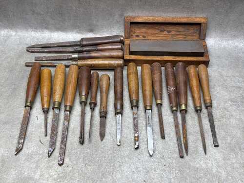 Vintage chisels, together with whetstone sharpener