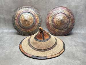 A Fulani woven hat from Mali plus two other traditional Asian hats